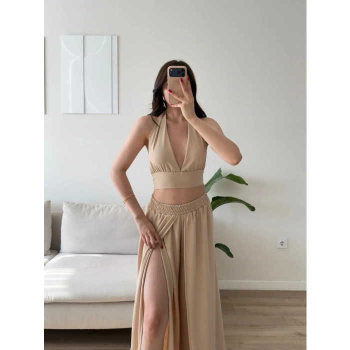 Halter Crop Palazzo Takım - BEJ