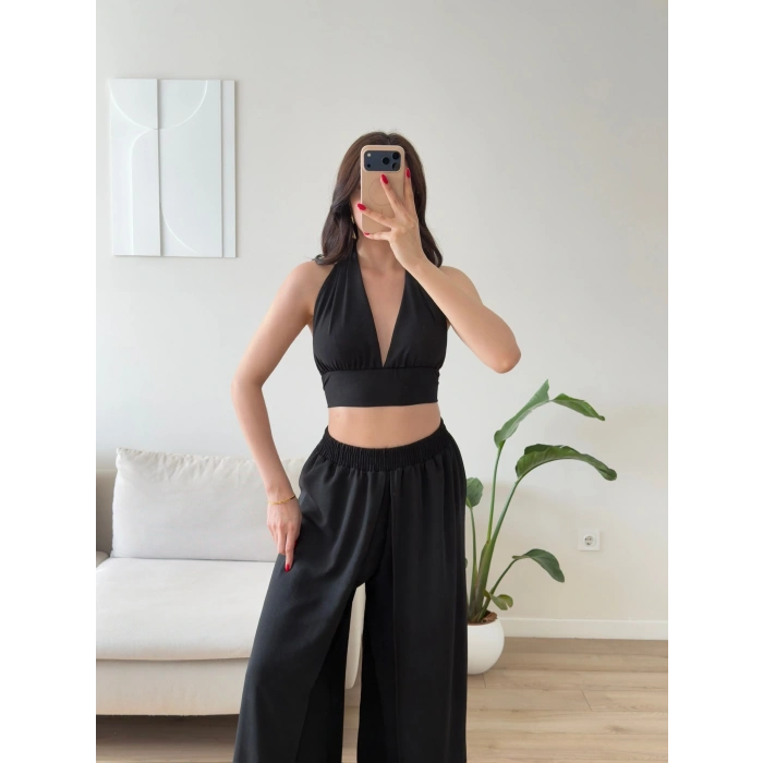 Halter Crop Palazzo Takım - SİYAH