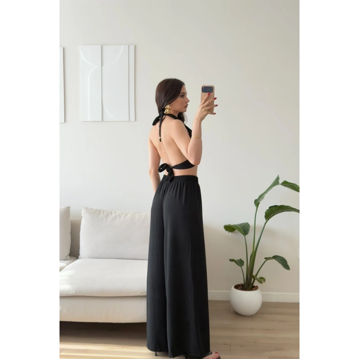 Halter Crop Palazzo Takım - SİYAH