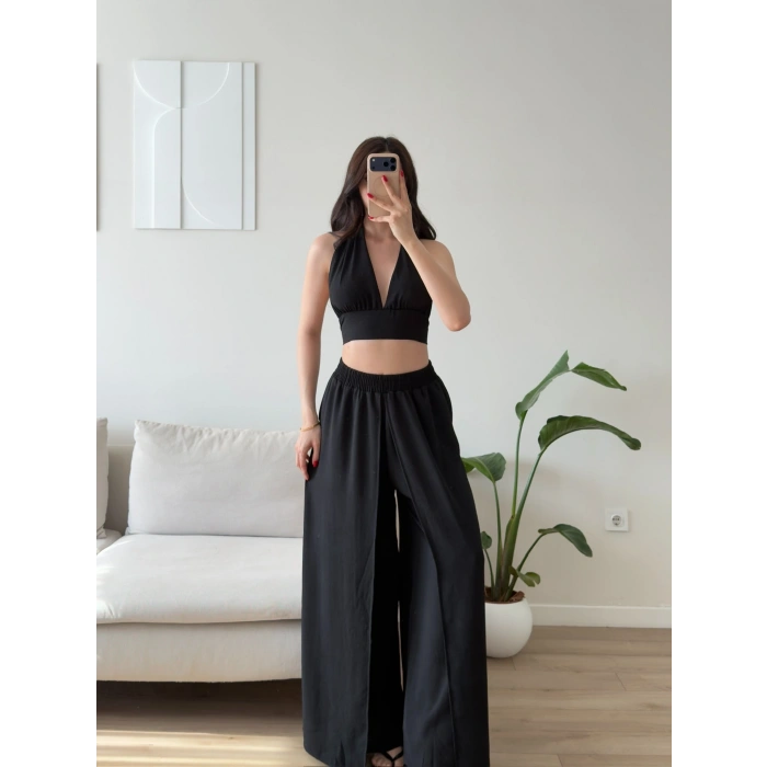Halter Crop Palazzo Takım - SİYAH