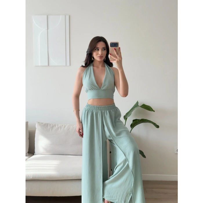 Halter Crop Palazzo Takım - YEŞİL