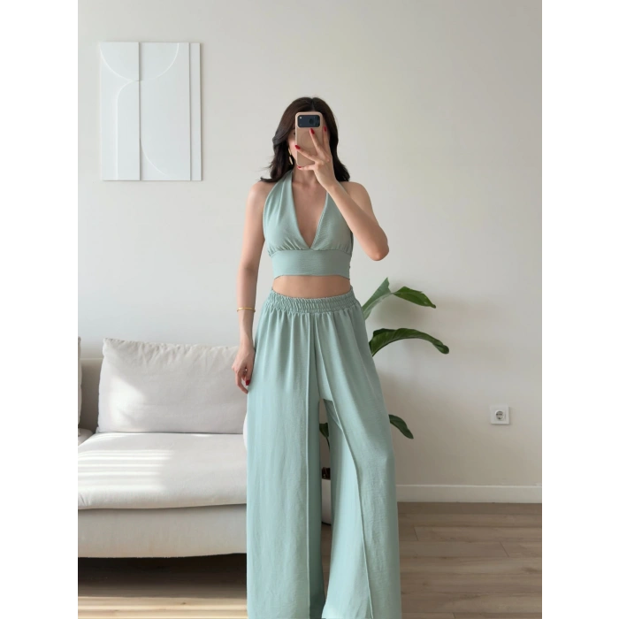 Halter Crop Palazzo Takım - YEŞİL