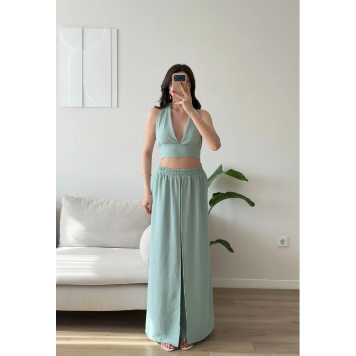 Halter Crop Palazzo Takım - YEŞİL