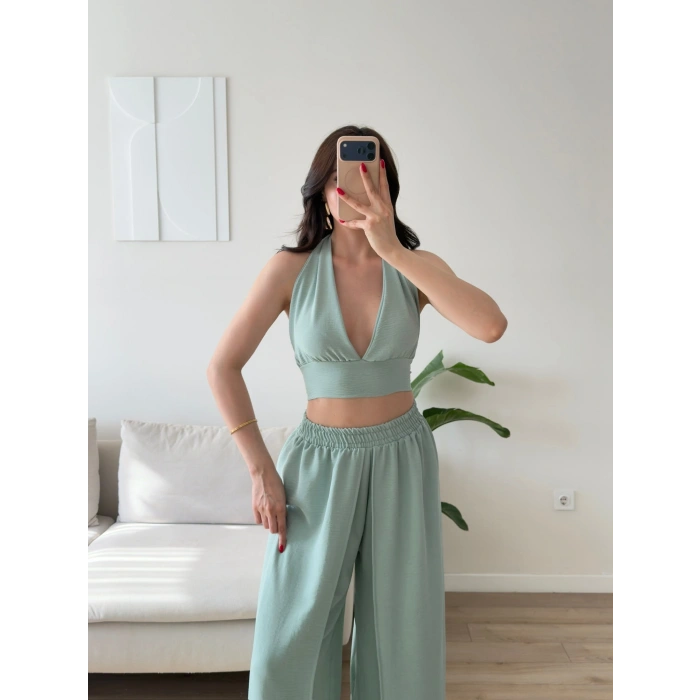Halter Crop Palazzo Takım - YEŞİL