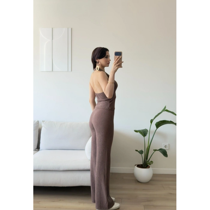 Halter Crop Pantolon Takım - KAHVE
