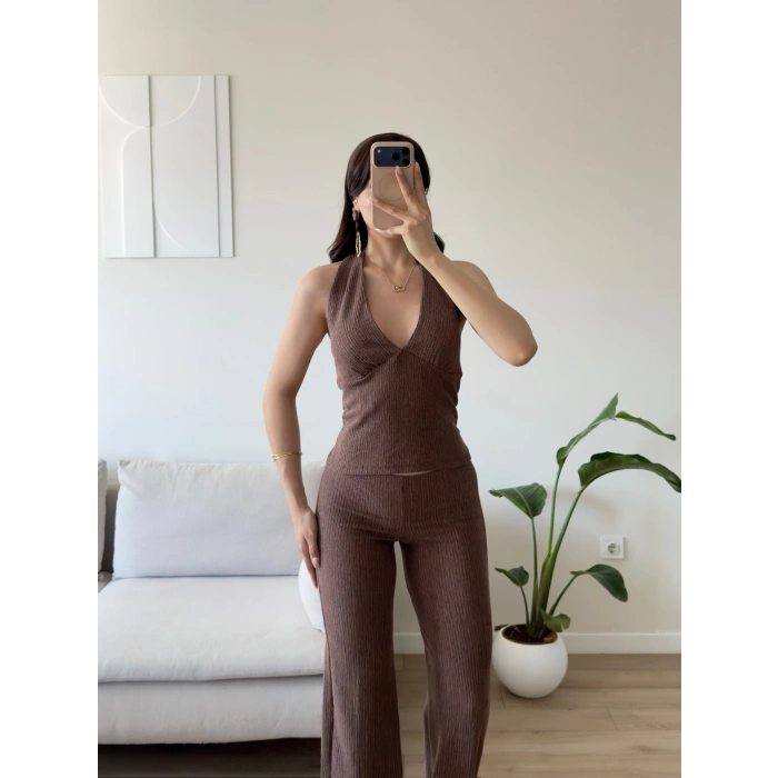 Halter Crop Pantolon Takım - KAHVE