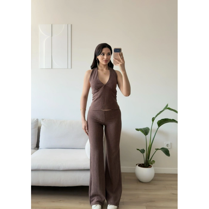 Halter Crop Pantolon Takım - KAHVE