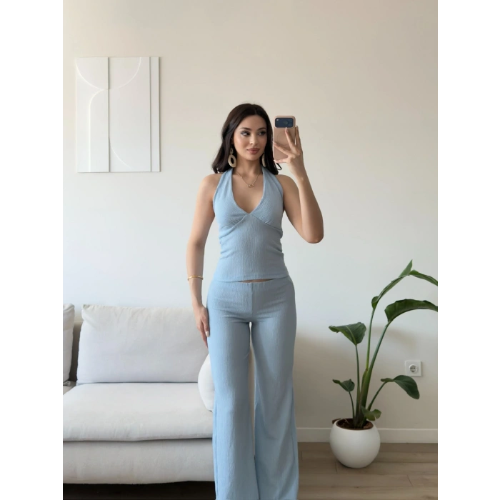Halter Crop Pantolon Takım - MAVİ