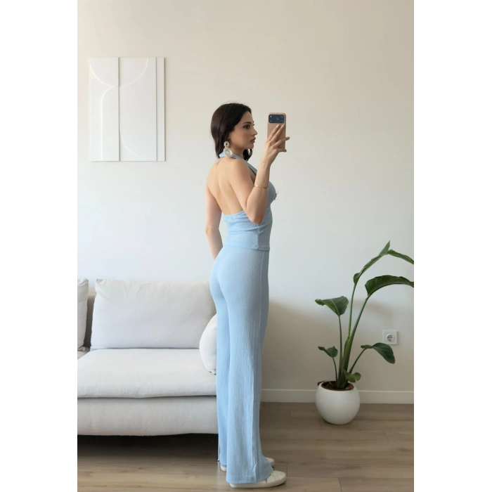 Halter Crop Pantolon Takım - MAVİ