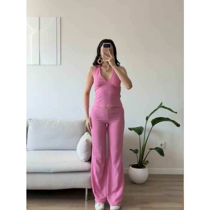 Halter Crop Pantolon Takım - PEMBE