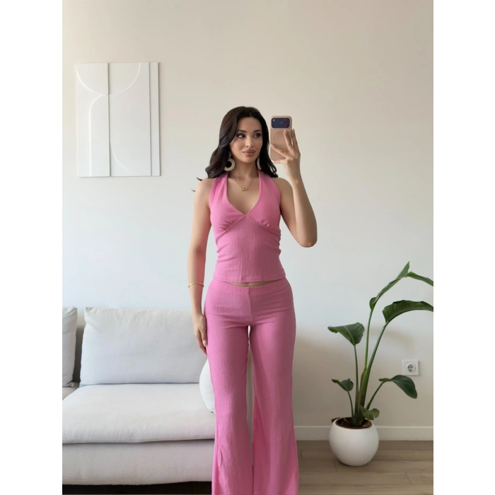 Halter Crop Pantolon Takım - PEMBE