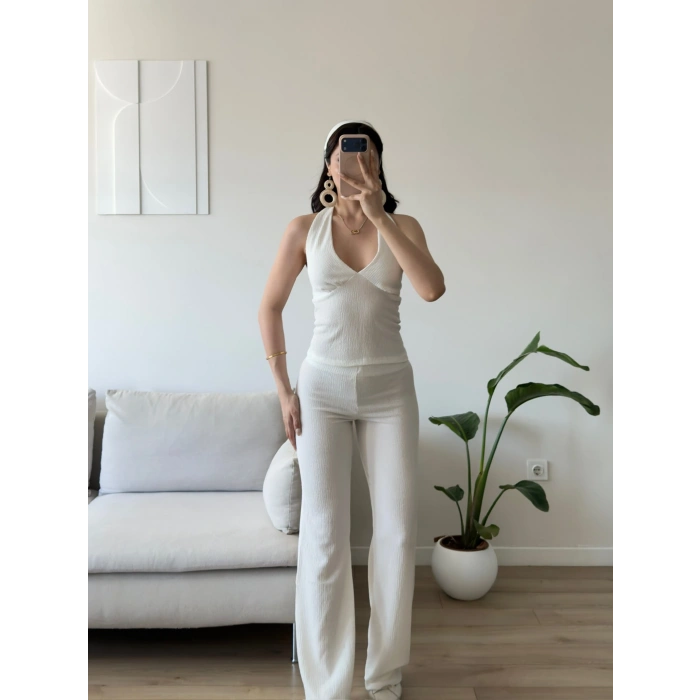 Halter Crop Pantolon Takım - BEYAZ