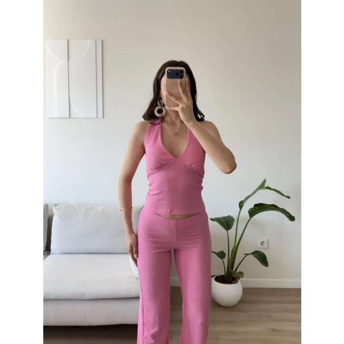 Halter Crop Pantolon Takım - PEMBE