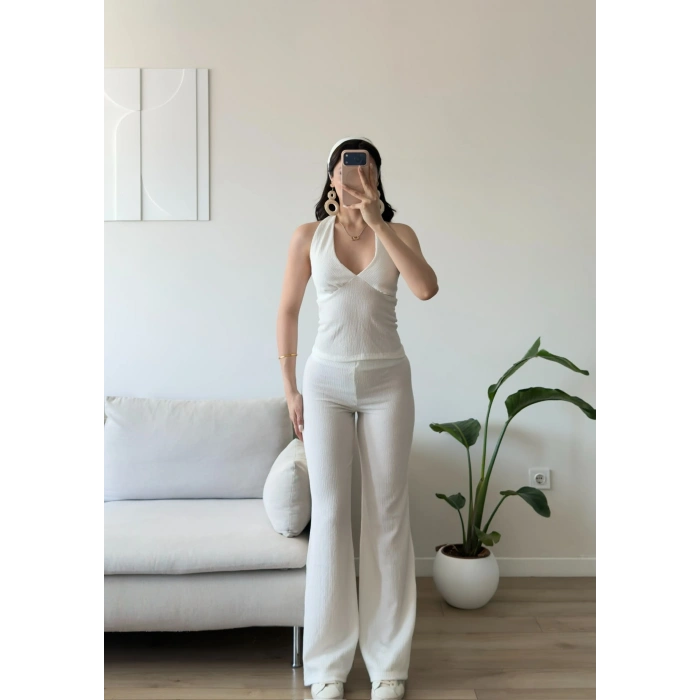 Halter Crop Pantolon Takım - BEYAZ