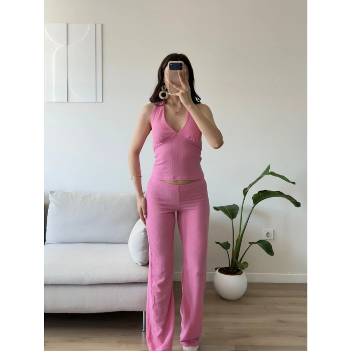 Halter Crop Pantolon Takım - PEMBE