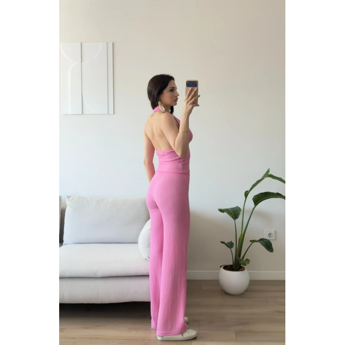 Halter Crop Pantolon Takım - PEMBE