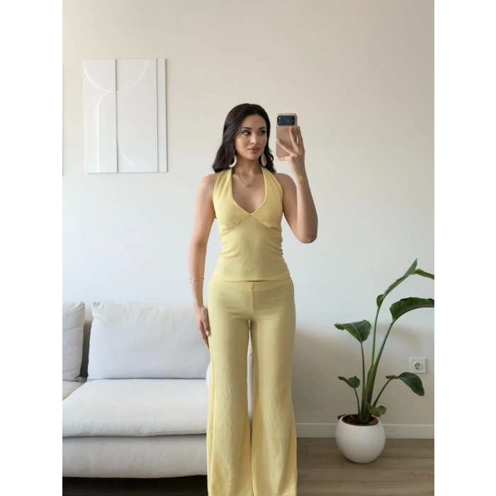 Halter Crop Pantolon Takım - SARI