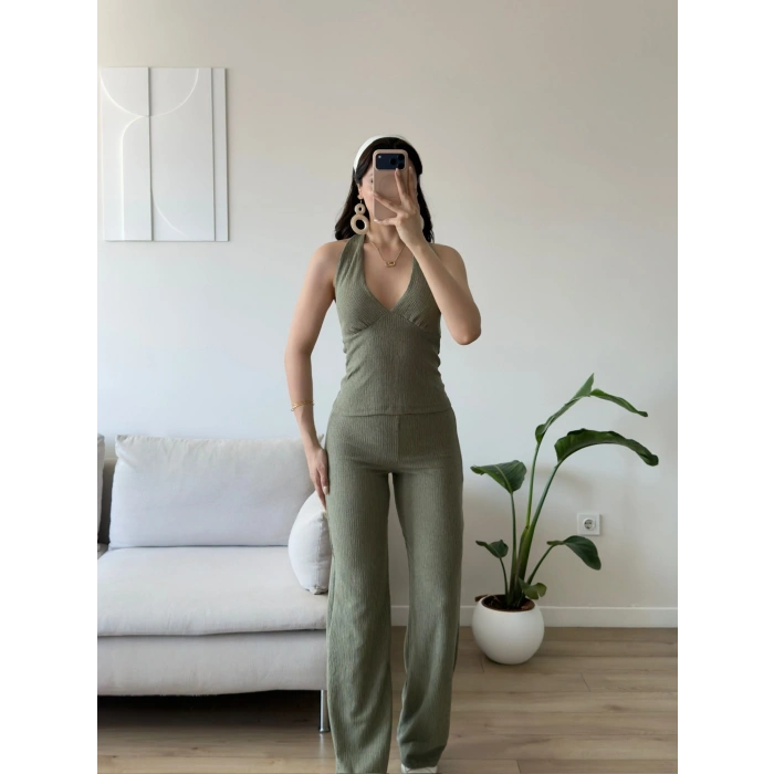 Halter Crop Pantolon Takım - YEŞİL