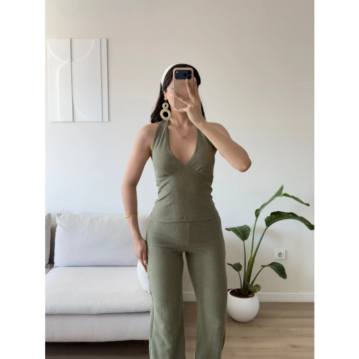 Halter Crop Pantolon Takım - YEŞİL