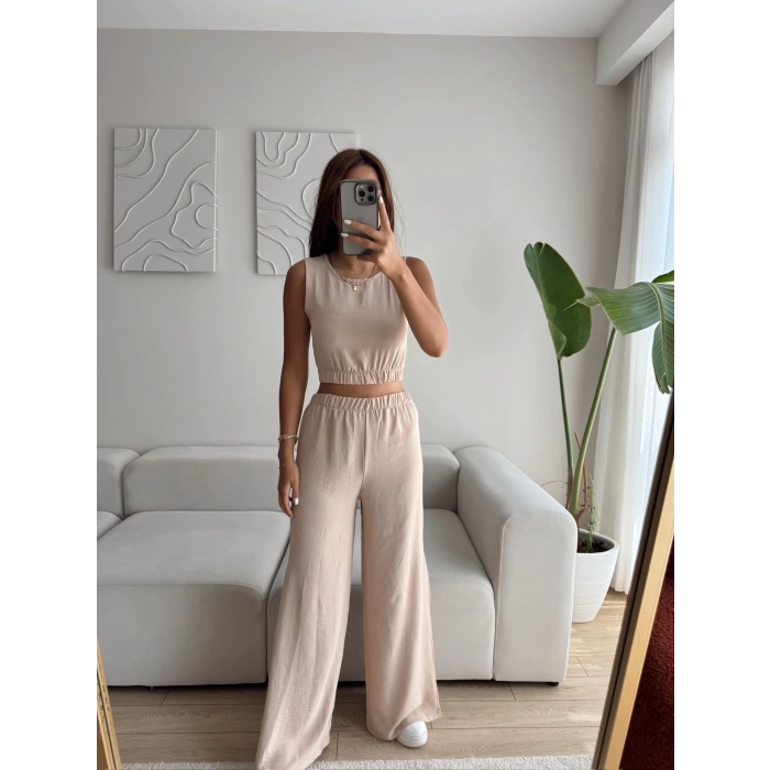 Halter Crop & Yırtmaçlı Pantolon Takım - BEJ