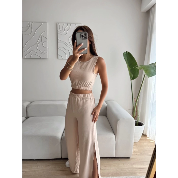 Halter Crop & Yırtmaçlı Pantolon Takım - BEJ