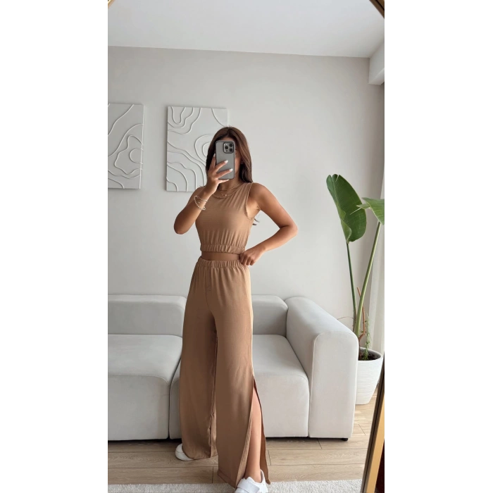 Halter Crop & Yırtmaçlı Pantolon Takım - VİZON