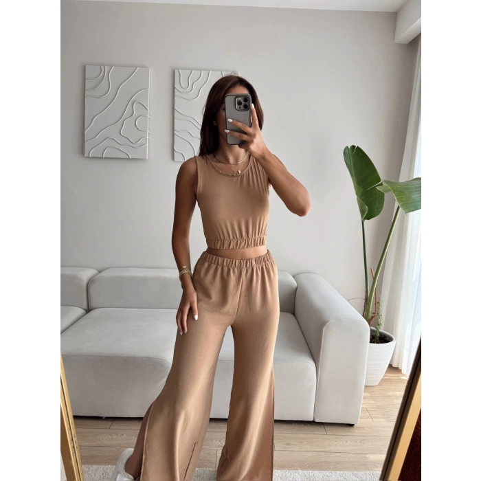 Halter Crop & Yırtmaçlı Pantolon Takım - VİZON