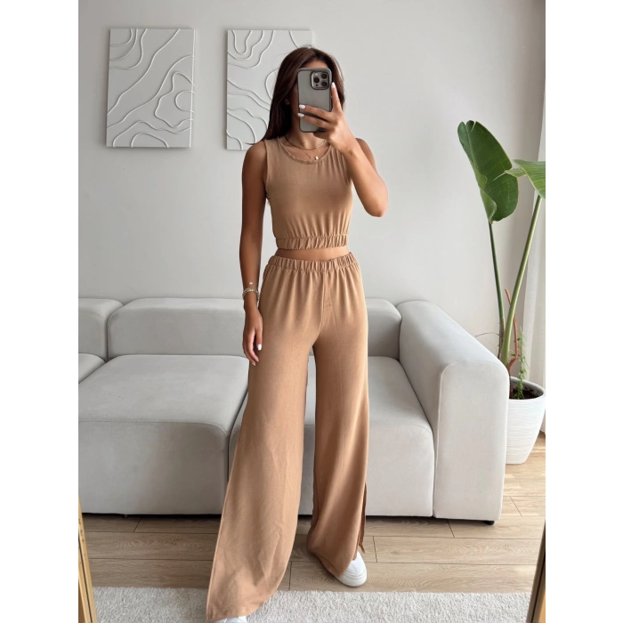 Halter Crop & Yırtmaçlı Pantolon Takım - VİZON