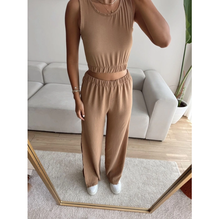 Halter Crop & Yırtmaçlı Pantolon Takım - VİZON