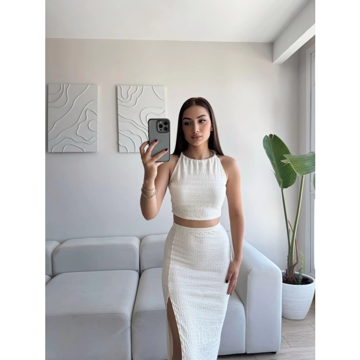Halter Crop & Yırtmaçlı Takım - BEJ