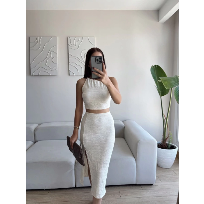 Halter Crop & Yırtmaçlı Takım - BEJ