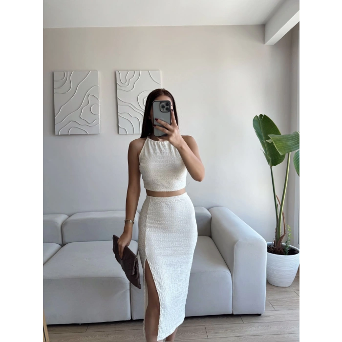 Halter Crop & Yırtmaçlı Takım - BEJ