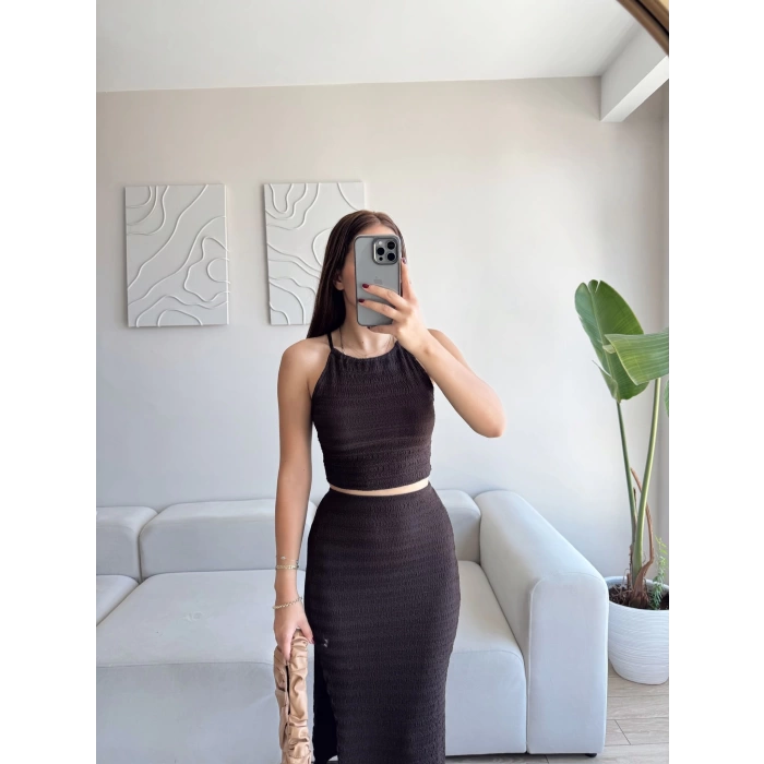 Halter Crop & Yırtmaçlı Takım - KAHVE