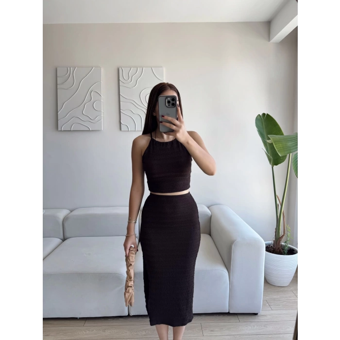 Halter Crop & Yırtmaçlı Takım - KAHVE