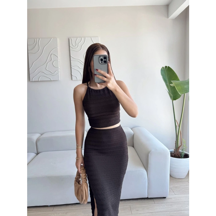 Halter Crop & Yırtmaçlı Takım - KAHVE