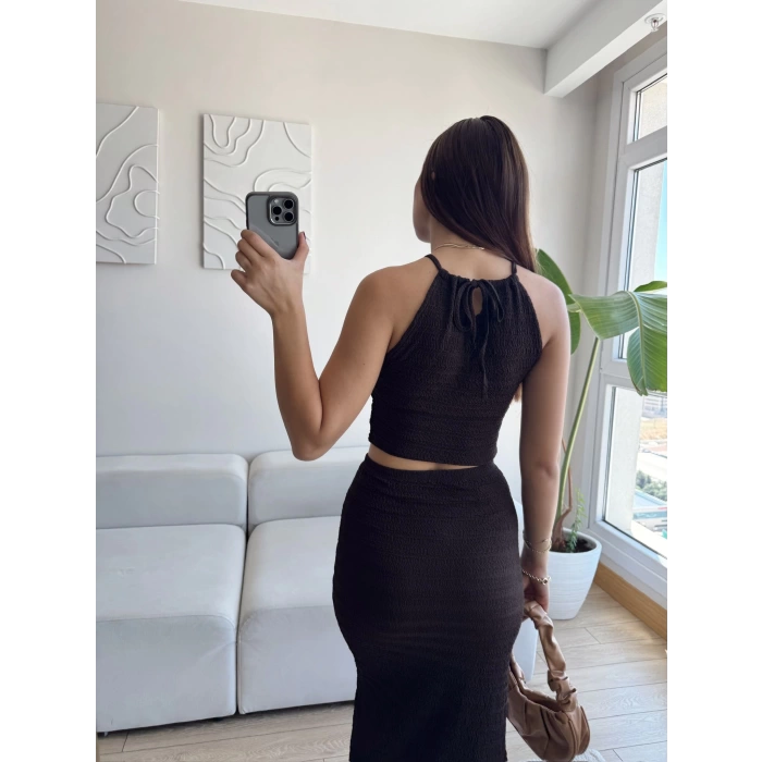 Halter Crop & Yırtmaçlı Takım - KAHVE