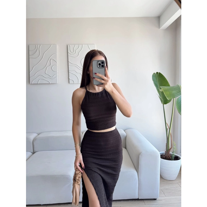 Halter Crop & Yırtmaçlı Takım - KAHVE