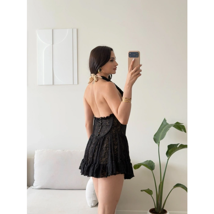 Halter Dantel Korseli Mini Elbise - AMARA