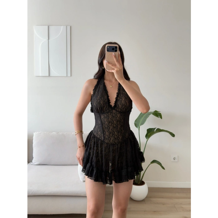 Halter Dantel Korseli Mini Elbise - AMARA