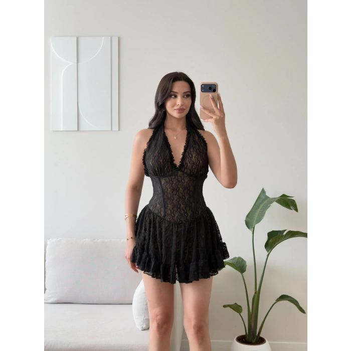 Halter Dantel Korseli Mini Elbise - AMARA