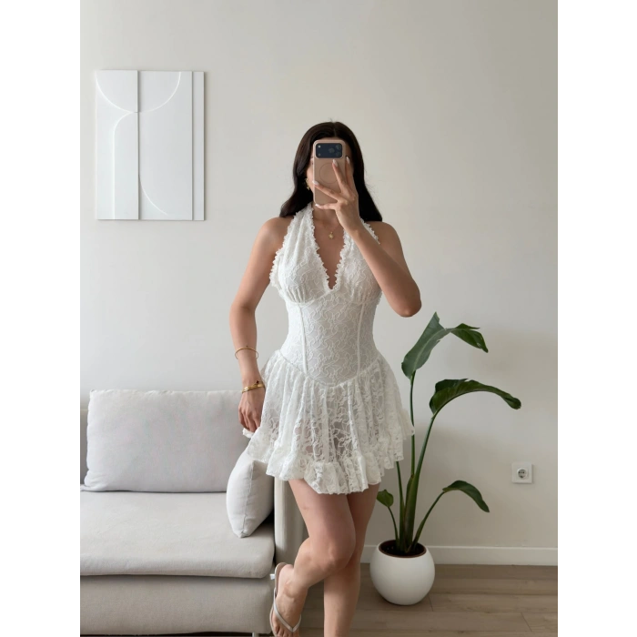 Halter Dantel Korseli Mini Elbise - BEYAZ