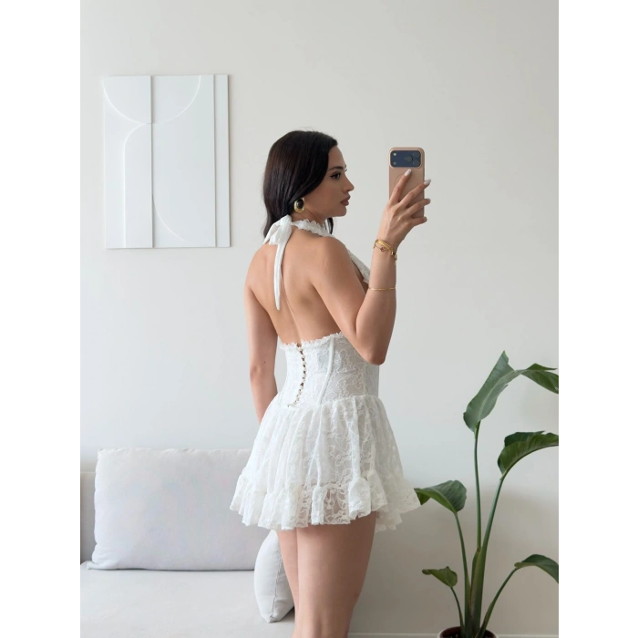 Halter Dantel Korseli Mini Elbise - BEYAZ
