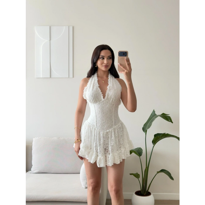Halter Dantel Korseli Mini Elbise - BEYAZ