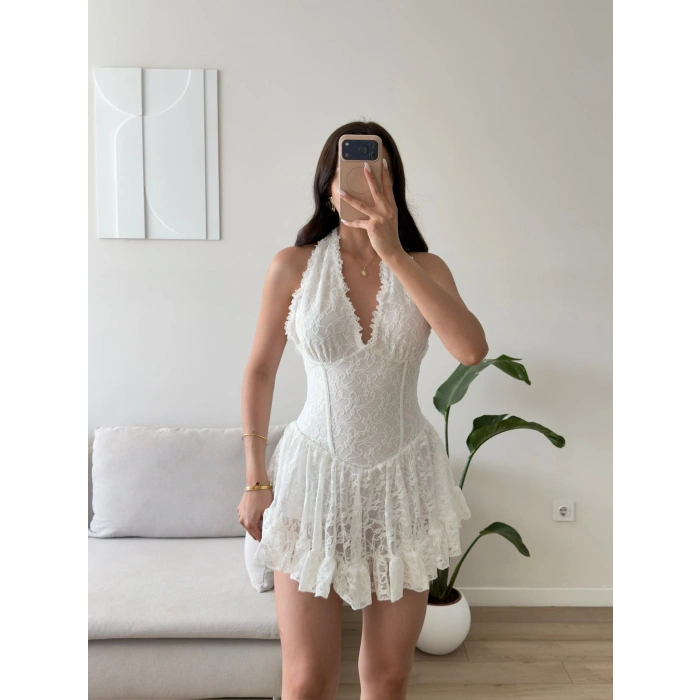 Halter Dantel Korseli Mini Elbise - BEYAZ