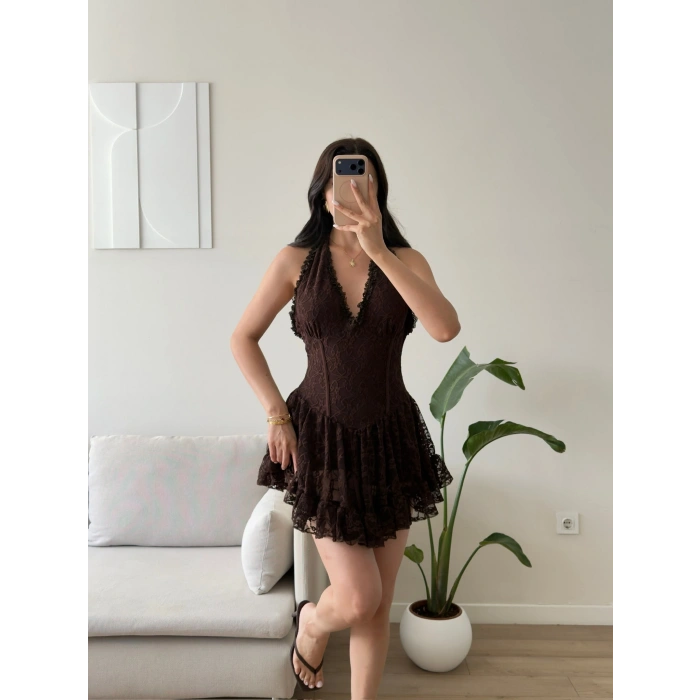 Halter Dantel Korseli Mini Elbise - KAHVE