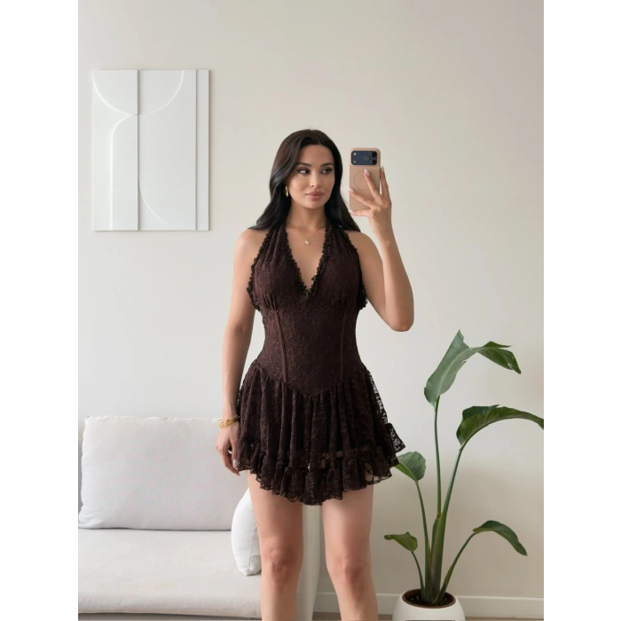 Halter Dantel Korseli Mini Elbise - KAHVE