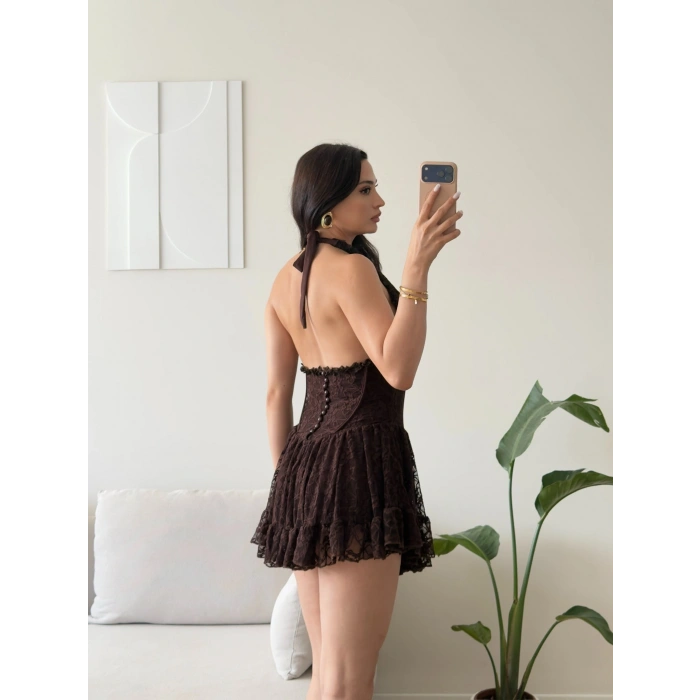 Halter Dantel Korseli Mini Elbise - KAHVE