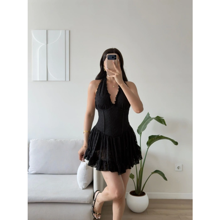 Halter Dantel Korseli Mini Elbise - SİYAH