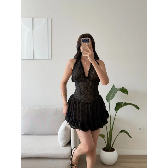 Halter Dantel Korseli Mini Elbise - SİYAH