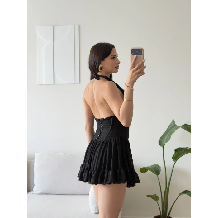 Halter Dantel Korseli Mini Elbise - SİYAH